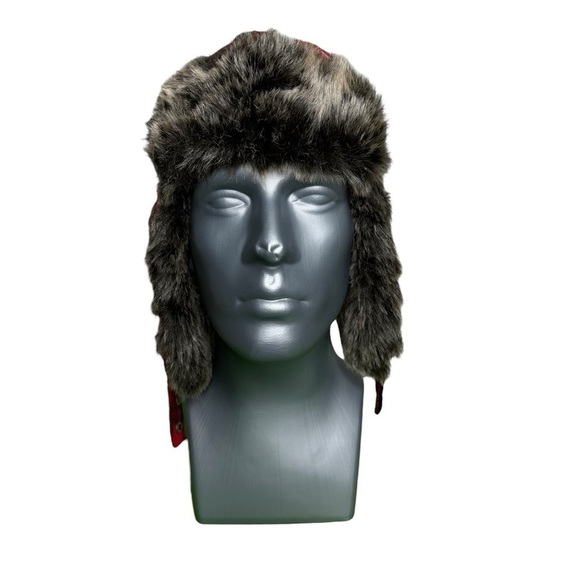 Sonoma Buffalo Plaid Trapper Hat Red Black Faux Fur Ear Flaps OS - Picture 3 of 7